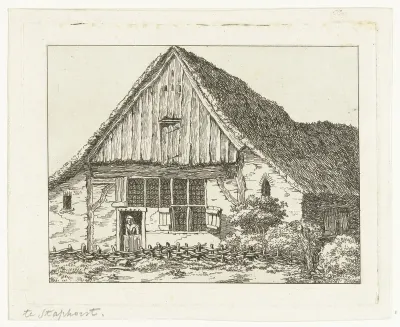 Een vrouw kijkt uit de deur van een boerderij