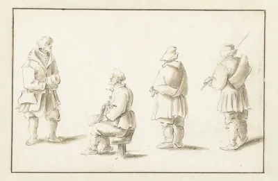 Een zittende en drie staande mannen
