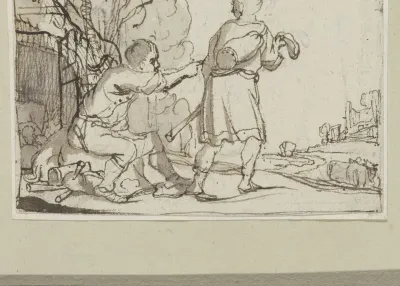 Een zittende en een staande man in een landschap