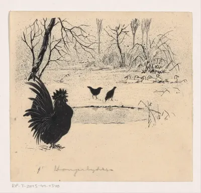 Eenden, vogels en haan bij een bevroren plas