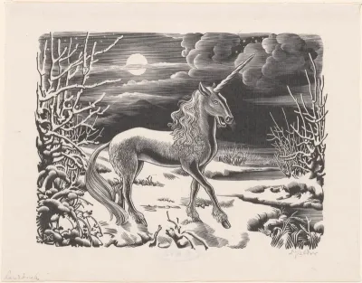 Eenhoorn in sneeuwlandschap bij nacht