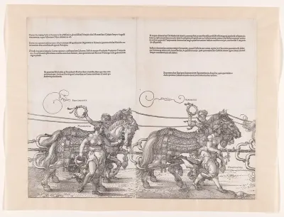 Eerste en tweede span paarden met allegorieën
