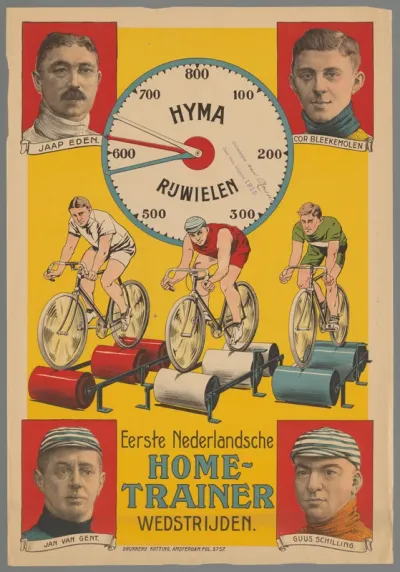 Eerste Nederlandsche Home-trainer wedstrijden. Hyma-rijwielen. Jaap Eden - Cor Bleekemolen - Jan van Gent - Guus Schilling
