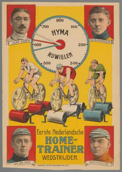 Eerste Nederlandsche Home-trainer wedstrijden. Hyma-rijwielen. Jaap Eden - Cor Bleekmolen - Jan van Gent - Guus Schilling
