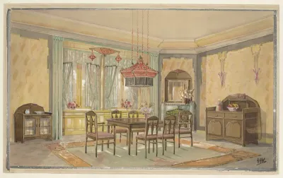 Eetkamer met gele wanden en rode lamp