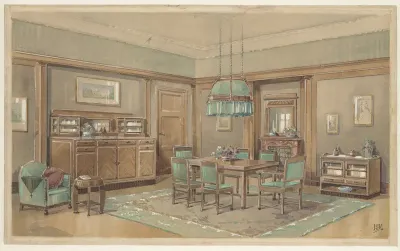Eetkamer met groene baan boven langs de wanden