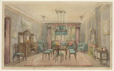 Eetkamer met groene canapé