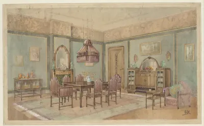 Eetkamer met kastje met oranje servies