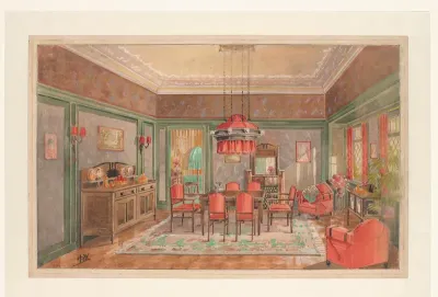 Eetkamer met rode stoelen