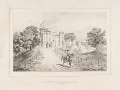 Eglinton Tournament: front of Eglinton castle, a herald on horseback blowing a bugle