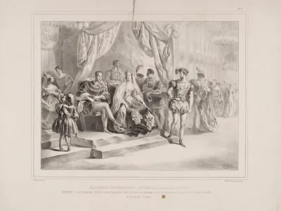 Eglinton Tournament: guests in the banqueting hall and ballroom in Eglinton Castle