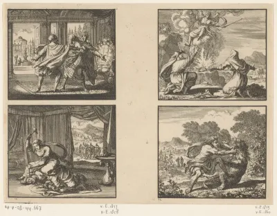 Eglon door Ehud gedood / Jaël doodt Sisera / Offer van Manoach / Simson verslaat de leeuw