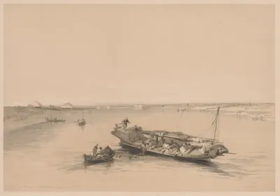 Egypt and Nubia:  Volume I - No. 4, Slave Boats on the Nile, View Looking Towards the Pyramids of Dashour and Saccara