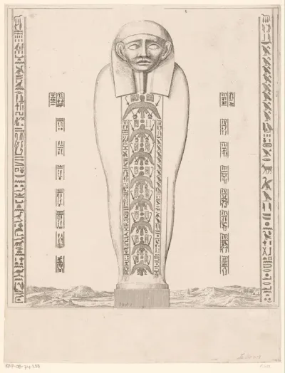 Egyptische sarcofaag omringd door hiërogliefen