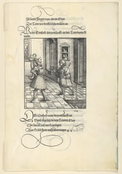 Ehrenhold Delivering Ehrenreich's Message to Theuerdank, from [Theuerdank] Die geuerlicheiten vnd einsteils der geschichten des loblichen streytparen vnd hochberümbten helds vnd Ritters herr Tewrdannckhs