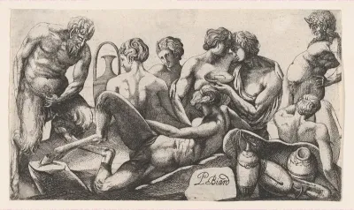 Eight Satyres and Satyresses Finishing a Meal