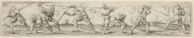 Eight Soldiers Engaged in Fencing Exercises