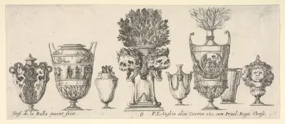 Eight vases, a clepsydra in center decorated with two skulls with laurel wreaths, plate 6 from "Collection of Various Vases" (Raccolta di Vasi Diversi)