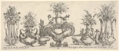 Eight vases, the largest one in center with sculptures of a nymph and a faun, plate 4 from "Collection of Various Vases" (Raccolta di Vasi Diversi)