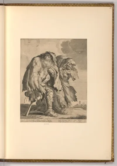 Ein Bettler mit Holzbein spielt Drehleier, seine Frau singt