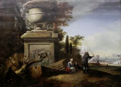 Ein Gespräch am Sockel einer steinernen Vase