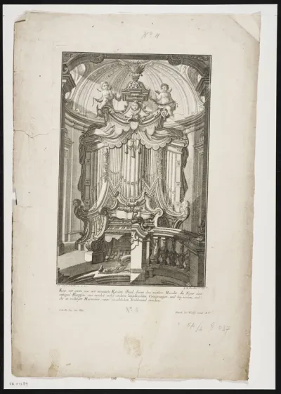 Eine auf gantz neu art inventirte Kirchen Orgel, daran das mittlere Risalit, die Figur einer antiqen Harpffen aus machet; nebst andern angebrachten Verzierungen, und beij wesen, welche in richtiger Harmonie, einem ansehlichen Wohlstand machen.
