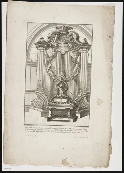 Eine nach der Figur, Zweijer in einander gemengte stehenden Tisch-Harpffen inventirte Hauss Orgel; woran die Proportion der Corporum deütlich erhellet, und zu einem extra ordinairen Wercke, eine zierliche Bedeckung und andere Wohlanständige Symetrie,
