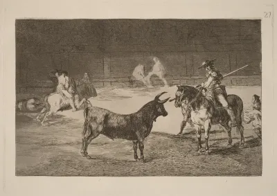 El celebre Fernando del Toro, barilarguero, obligando a la fiera con su garrocha (The celebrated Picador, Fernando del Toro, Draws the Fierce Beast on with His Pique)