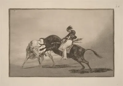 El mismo Ceballos montado sobre otro toro quiebra rejones en la plaza de Madrid (The Same Ceballos Mounted on Another Bull Breaks Short Spears in the Ring at Madrid)