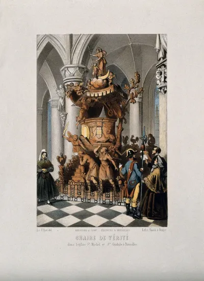 Elaborate wooden throne in church of St Michel and St Gudule in Brussels