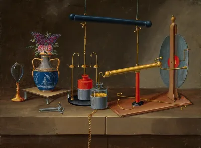 Electricity: condenser jars, an electro-static generator, and a vase with flowers