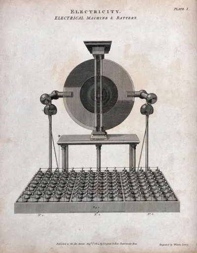 Electricity: J. Cuthbertson's electro-static generator, batteries, etc. Engraving, 1804, by W. Lowry
