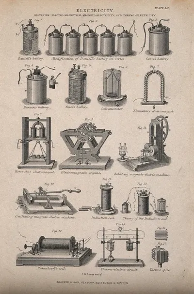 Electricity: seventeen figures showing apparatus related to galvanism, electro-magnetism, magneto-electricity and thermo-electricity