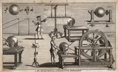 Electricity: several electrical machines in use, with a man receiving an electric shock in the background