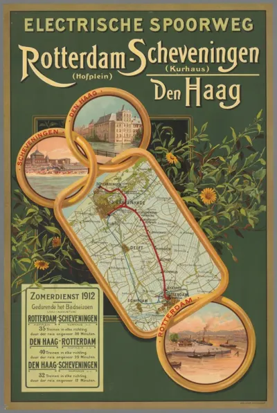 Electrische spoorweg Rotterdam - Scheveningen / Den Haag. Zomerdienst 1912 gedurende het badseizoen (Juli - Augustus)