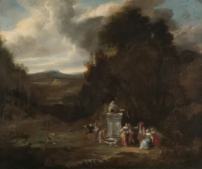 Elegant Company at an Antique Fountain in a Glade
