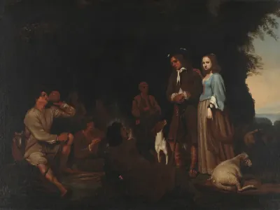 Elegant couple with shepherds in the Roman Campania