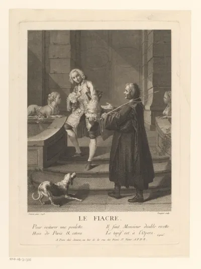 Elegant geklede jongeman in gesprek met een koetsier