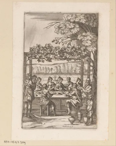 Elegant gezelschap aan tafel in openlucht