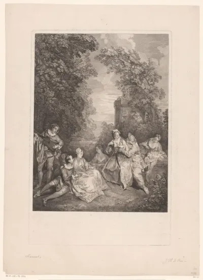 Elegant gezelschap in een tuin (Fête Galante)