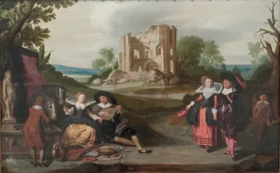 Elegant gezelschap in landschap met ruïnes
