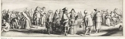 Elegant paar en twee pelgrims op de voorgrond