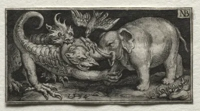 Elephant  Fighting two Beasts