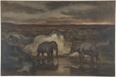 Elephants by a Pool