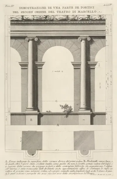Elevation and plan of the second-order portico at the Theater of Marcellus (Teatro di Marcello), Rome, from "Le Antichità Romane"