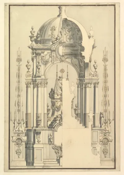 Elevation and Section of the Catafalque for Anna Cristina, Wife of Carlo Emanuele III of Savoy