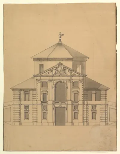 Elevation for a Building with an Octogonal Cupola and two stoy Pendimenting Façades