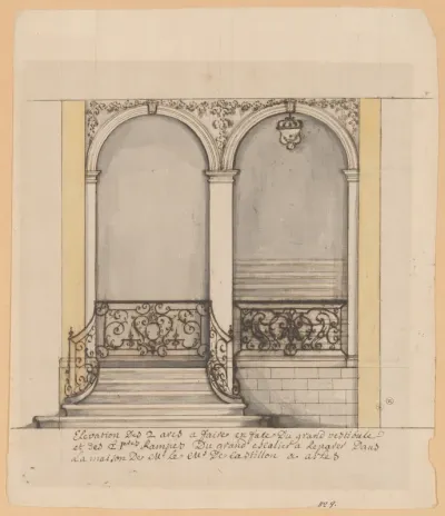 Elevation for a stairway and a second en suite drawing (unmatted): design for ironwork balustrade