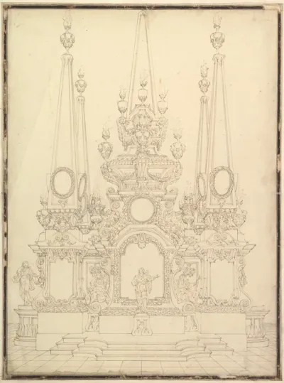 Elevation of a Catafalque: Four Large Obelisks at the Corners with Large one Surmounting the Top