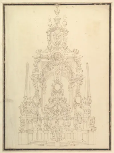 Elevation of a Catafalque: Obelisks at the Corners and One in Center